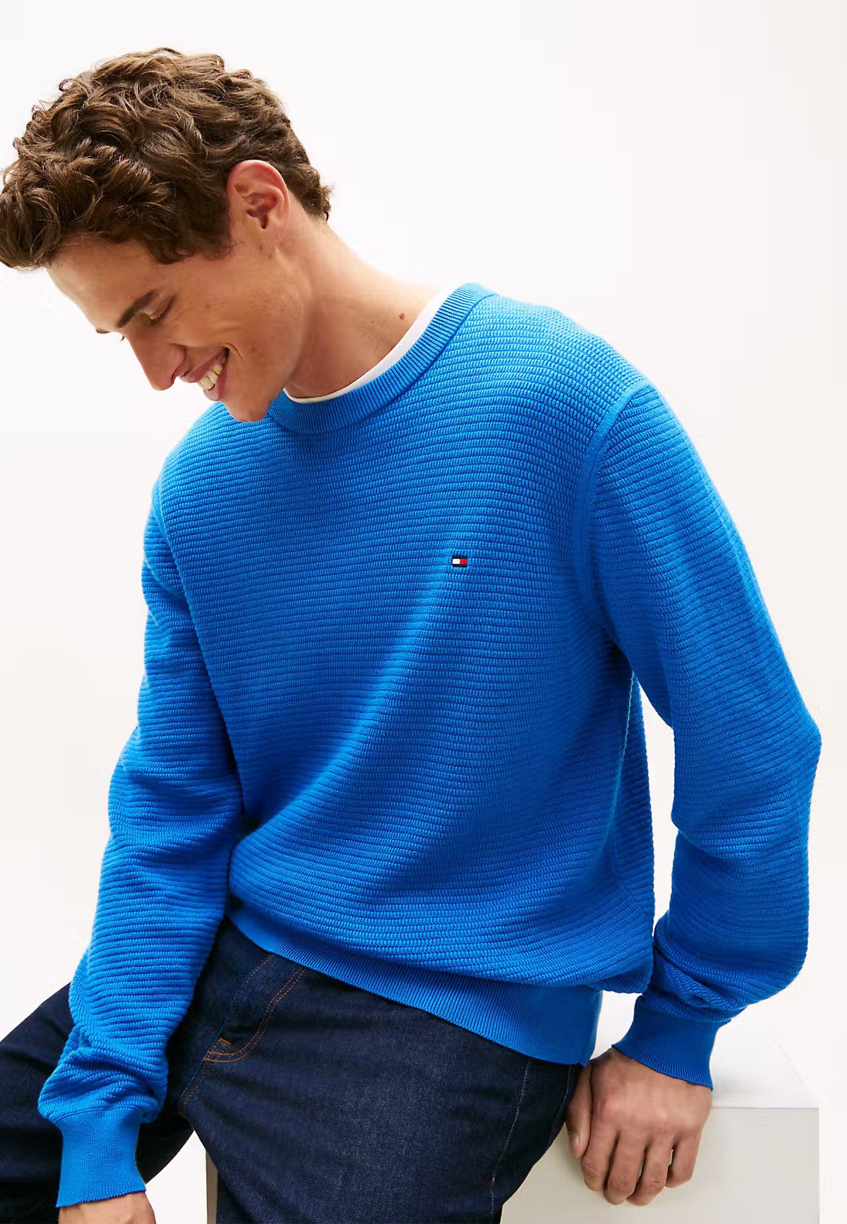 Structured Yarn Dyed Crew Neck Jumper 1776784497_1104_019180_BLUE_alternate