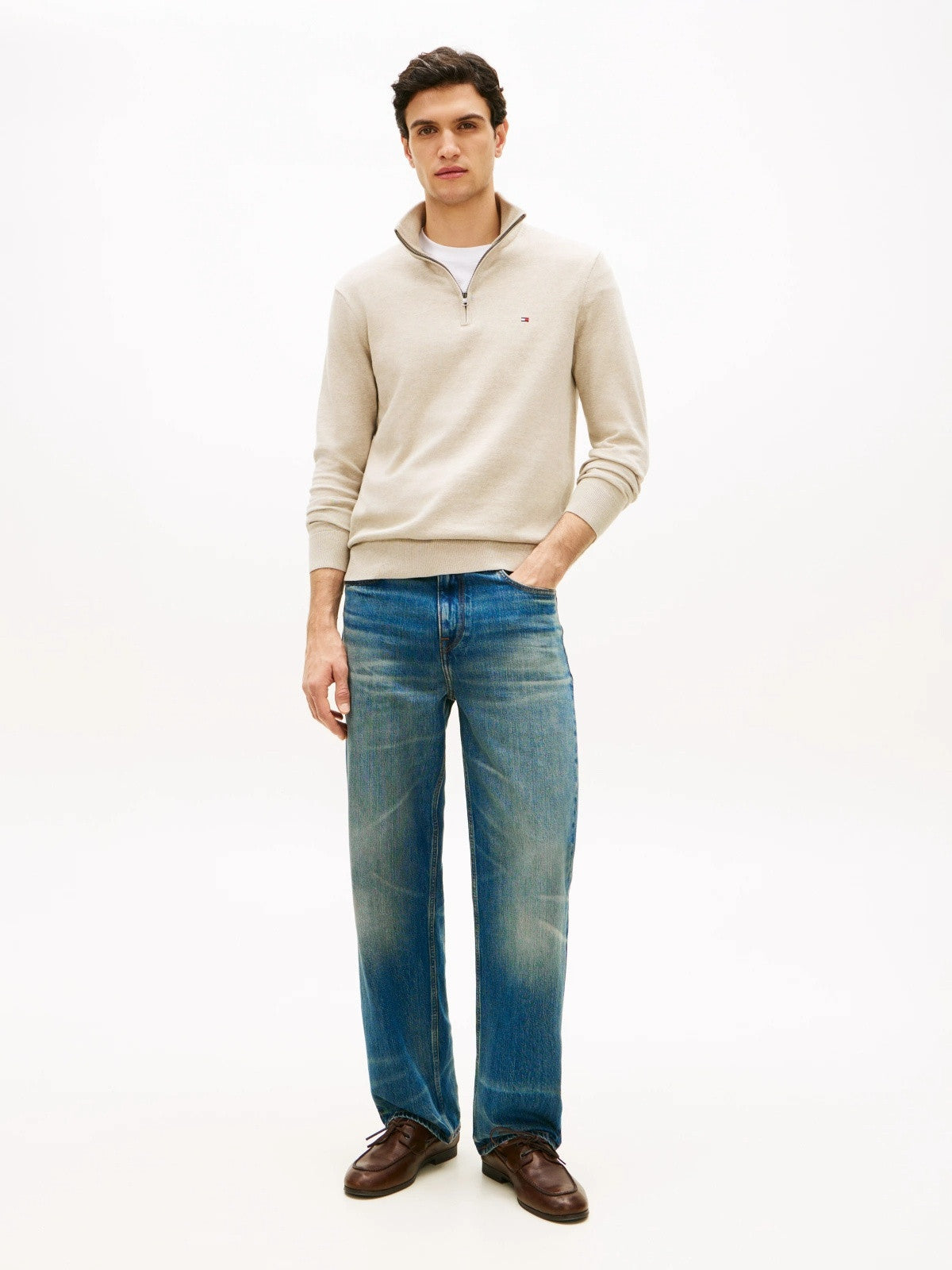 Tommy Hilfiger Flag Embroidery Quarter-Zip Jumper - Deep Crimson-SAND 1778493840_0412_019078_SAND_alternate