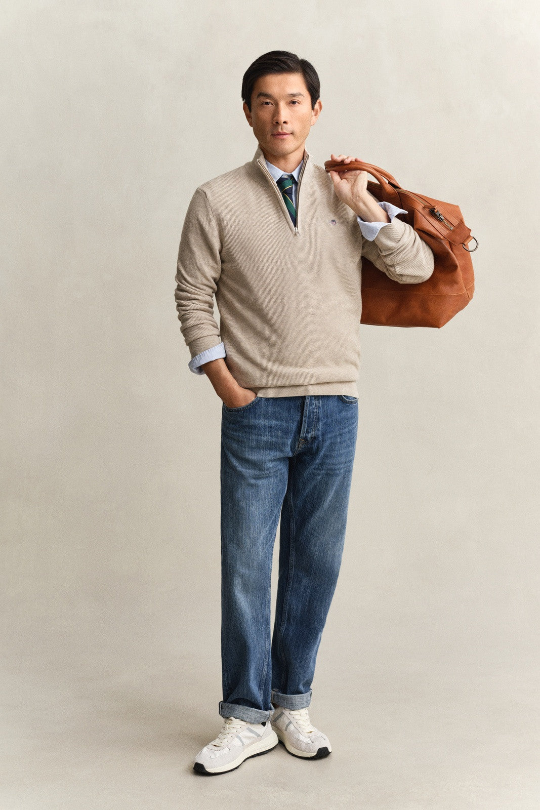 GANT Textured Cotton Half-Zip Sweater - Oat Melange-OAT MELANGE 1778831908_016_018872_OAT_MELANGE_alternate