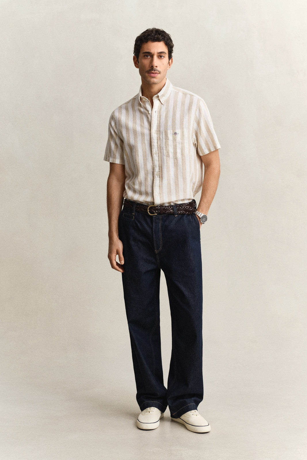 GANT Striped Linen Blend Short Sleeve Shirt - Oat Beige 1778832918_7733_018878_BEIGE_alternate