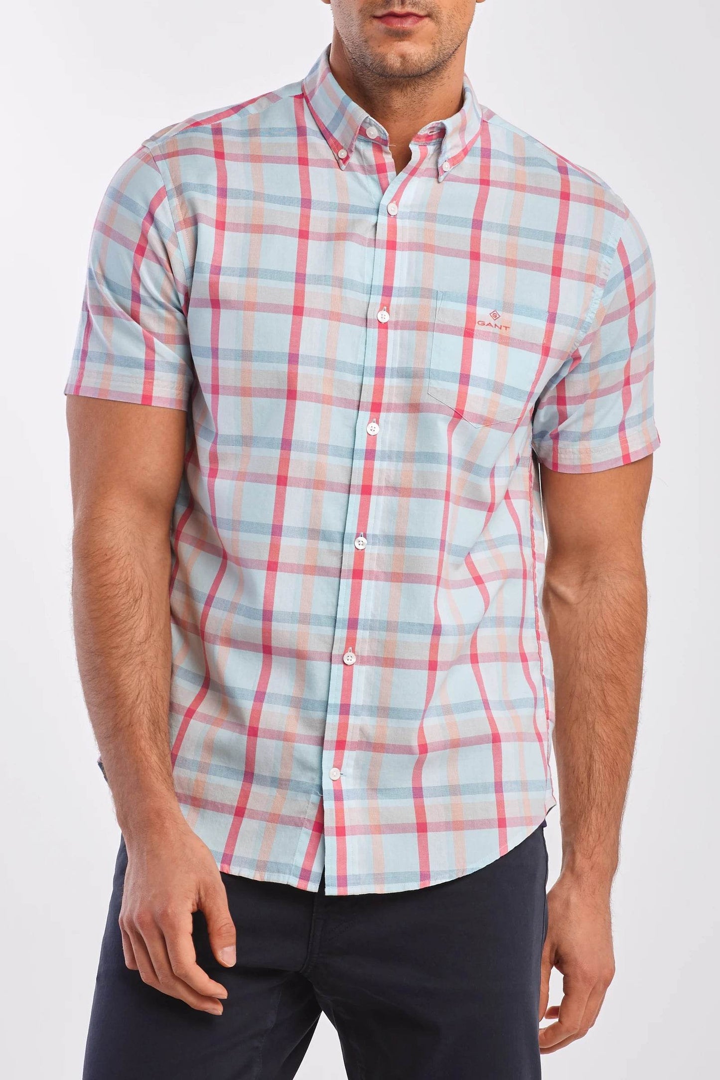 Gant Oxford Plaid Short Sleeve Shirt - Aquatic 3025431_452-1