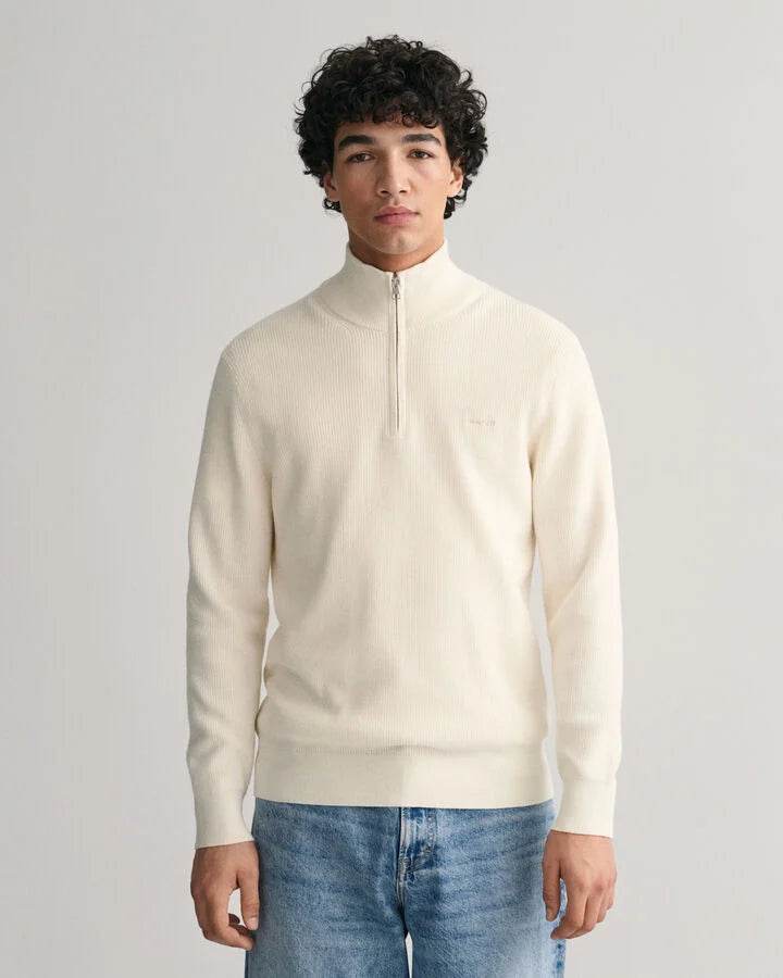 Gant Ribbed wool and cotton half zip sweater Cream
