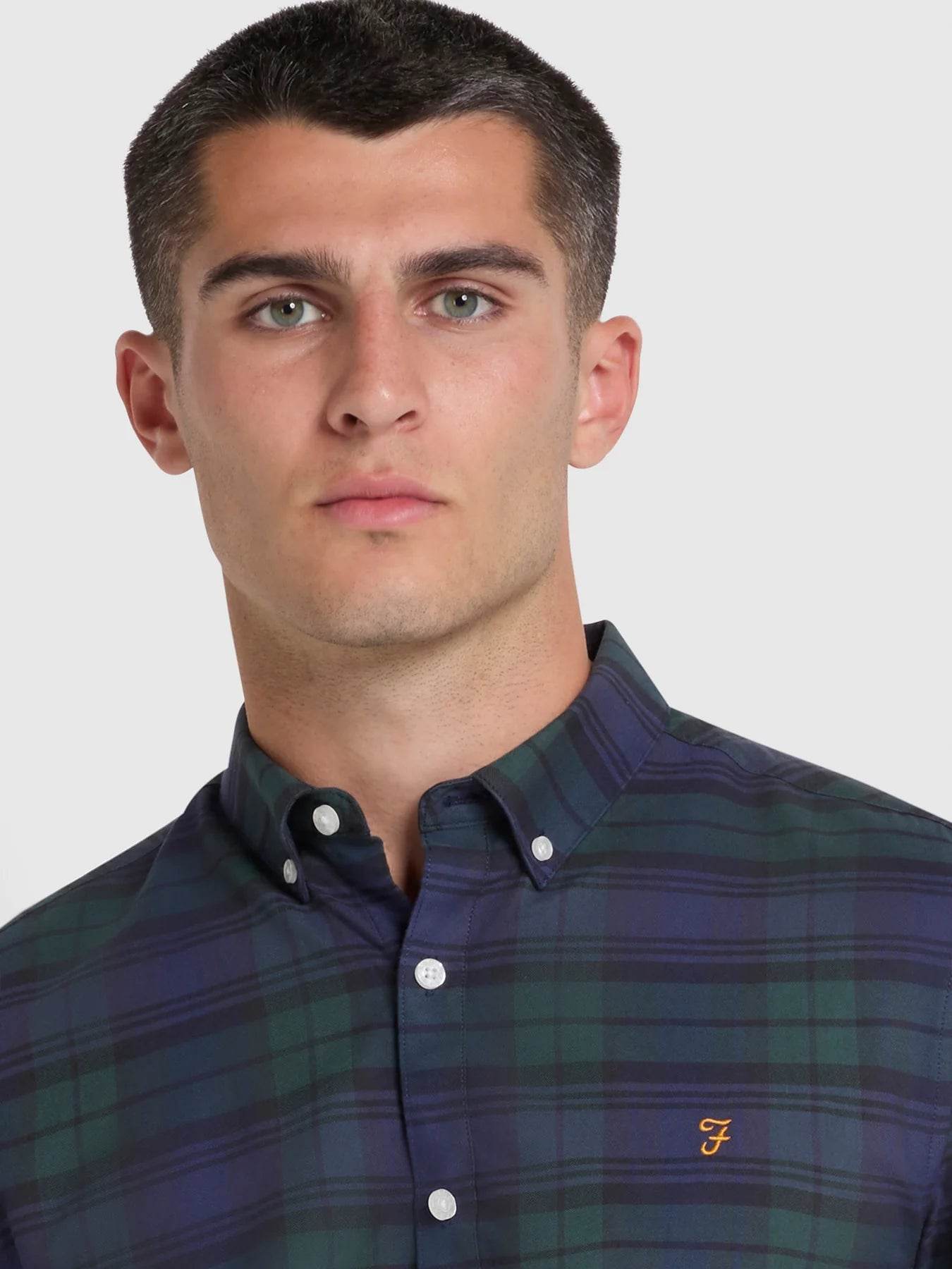 Farah Brewer Slim Fit Check Organic Cotton Oxford Shirt - Woodland Pine F4WSB069-309-3