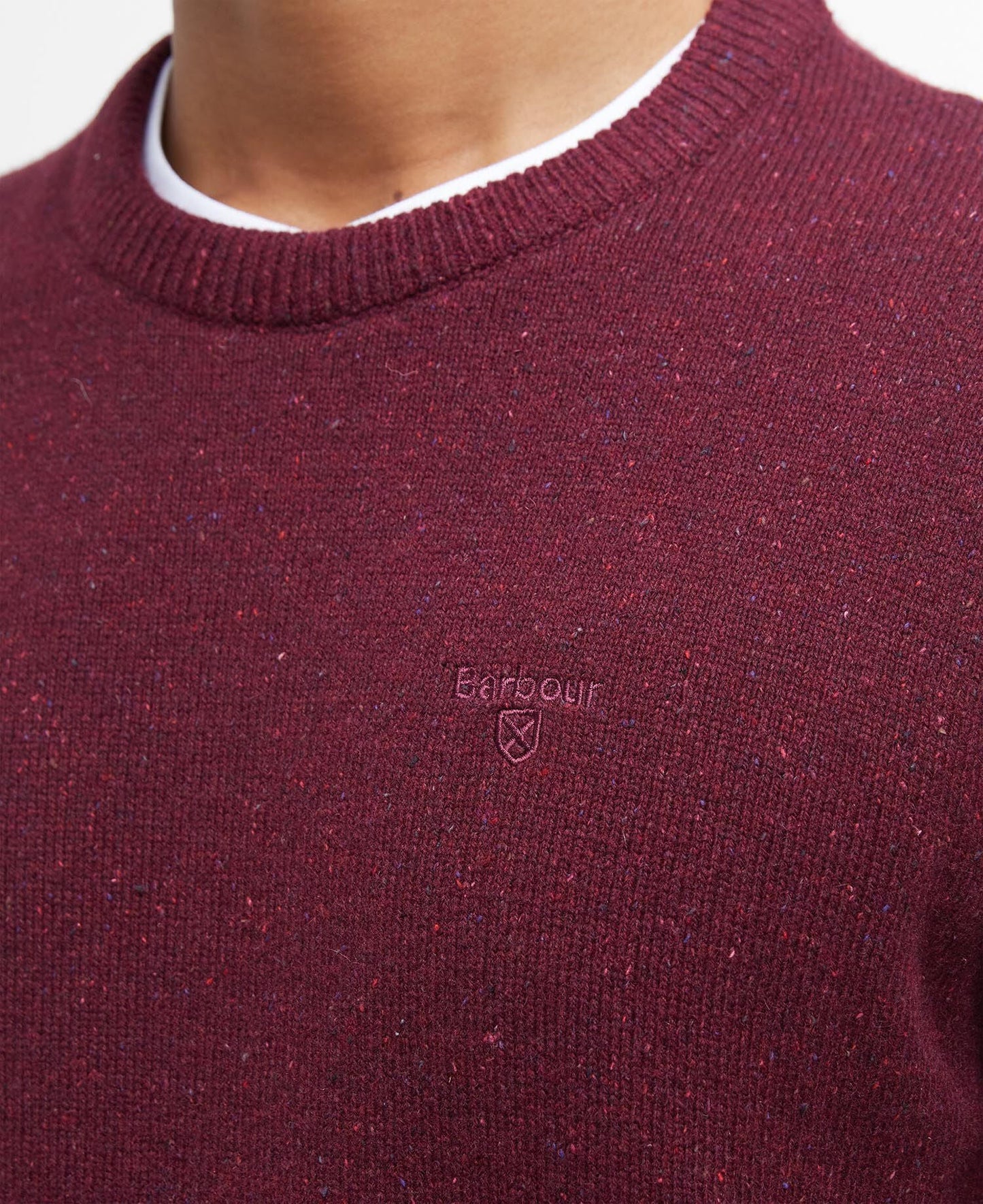 Barbour Essential Tisbury Crew Neck Jumper in Ruby - fabric detail