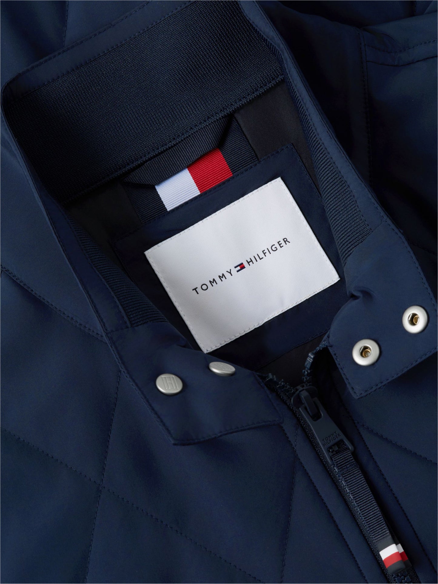 Tommy Hilfiger Packable Quilted Harrington navy, collar and zip detail