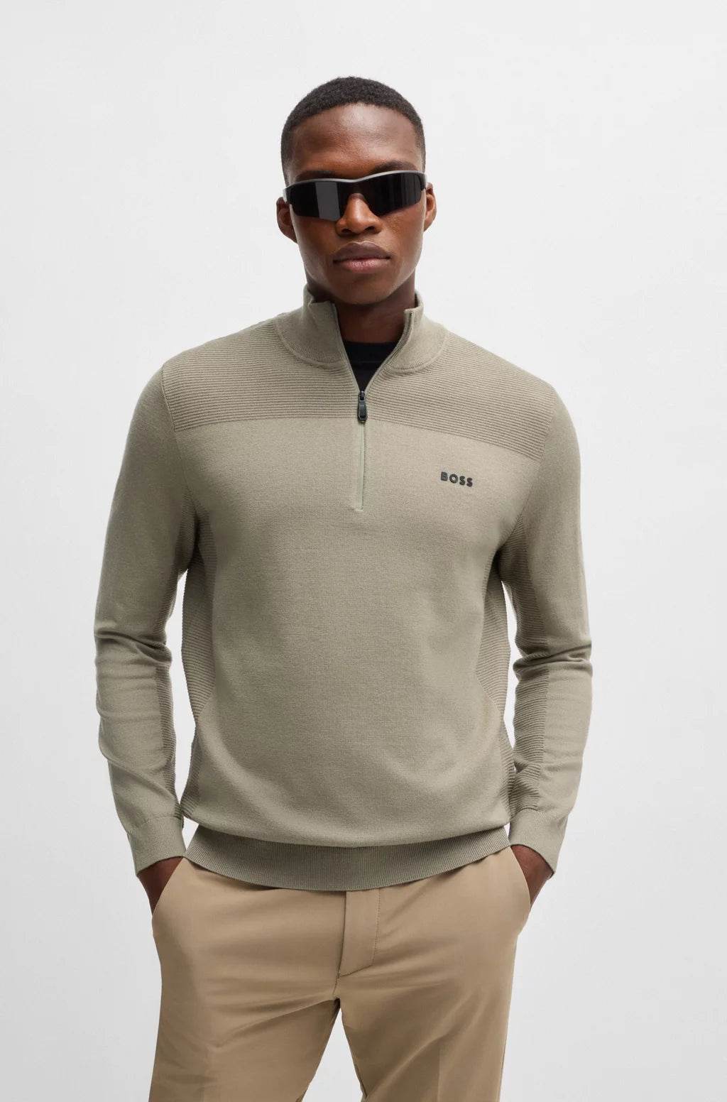 Hugo Boss Branded zip-neck sweater in dry-flex fabric Beige