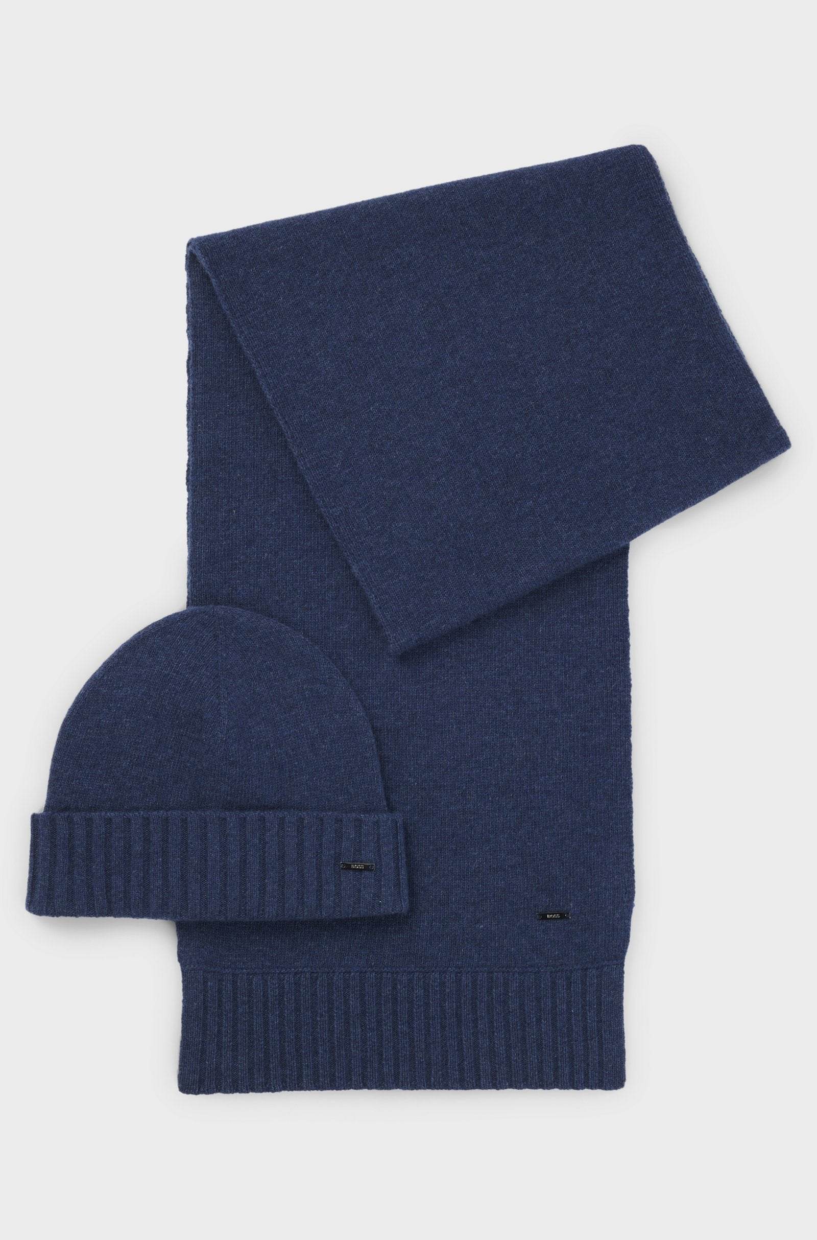 Hugo Boss Wool-blend Beanie Hat And Scarf Gift Set Dark Blue