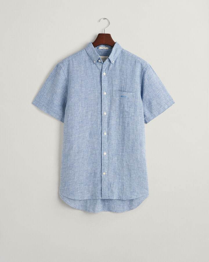 Gant Regular Fit Houndstooth Linen Short Sleeve Shirt - Rich Blue time__1701363608__202401-3240068-407-flat-fv-1