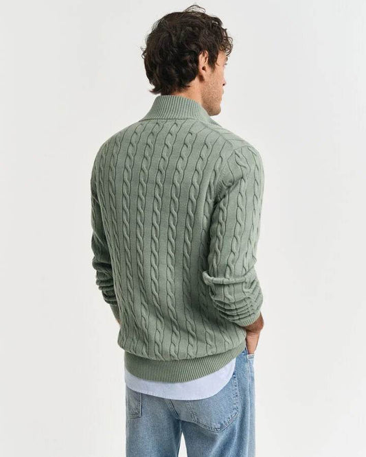 Gant Cotton Cable Knit Half-Zip Sweater - Kalamata Green time__1730200507__202501-8050603-362-model-bv-1