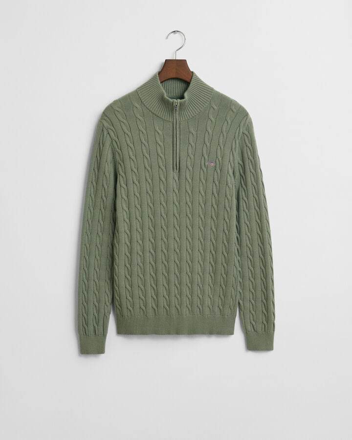 Gant Cotton Cable Knit Half-Zip Sweater - Kalamata Green time__1730900708__202501-8050603-362-flat-fv-1