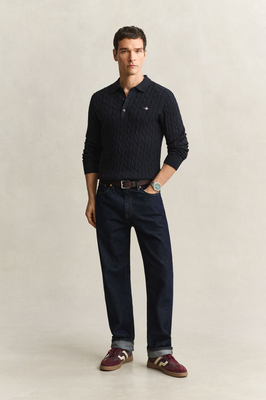 GANT Cotton Cable Knit Polo Sweater - Evening Blue time__1775744111__202602-8050616-433-look-fv-1