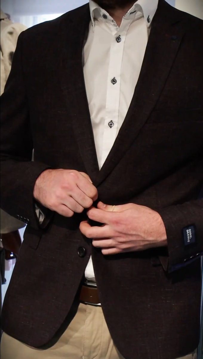 Man wearing a brown tweed blazer at Ryle Menswear, Tralee — men's blazers in Kerry