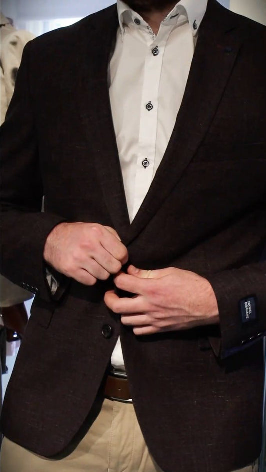 Man wearing a brown tweed blazer at Ryle Menswear, Tralee — men's blazers in Kerry