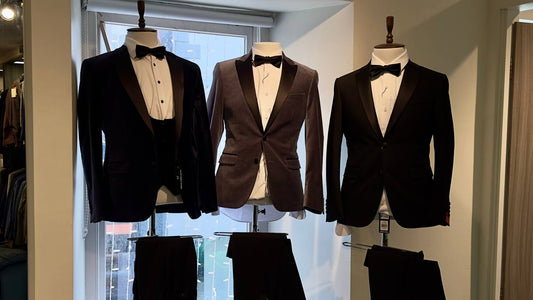 Velvet and black dinner jackets with bow ties on display at Ryle Menswear, Tralee