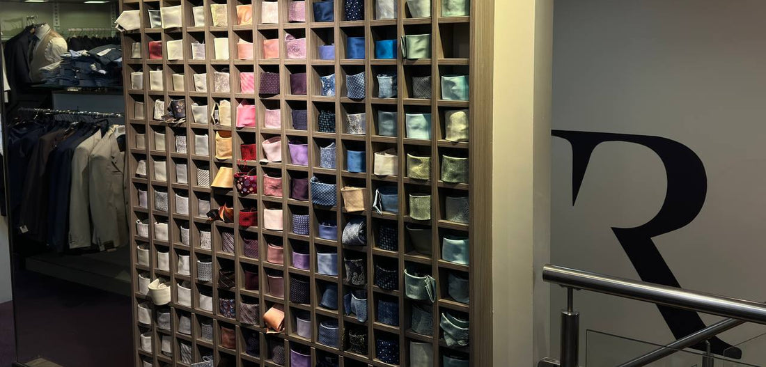 The tie and pocket square wall at Ryle Menswear, Tralee - dozens of colours arranged by shade
