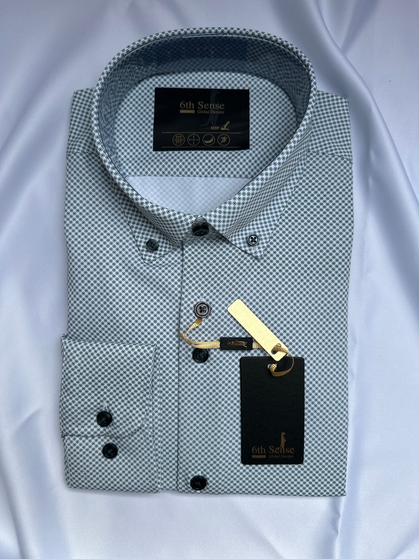 White and blue 6th Sense Design shirt, collar and button detail — Ryle Menswear, Tralee