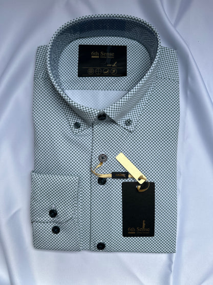 White and blue 6th Sense Design shirt, collar and button detail — Ryle Menswear, Tralee