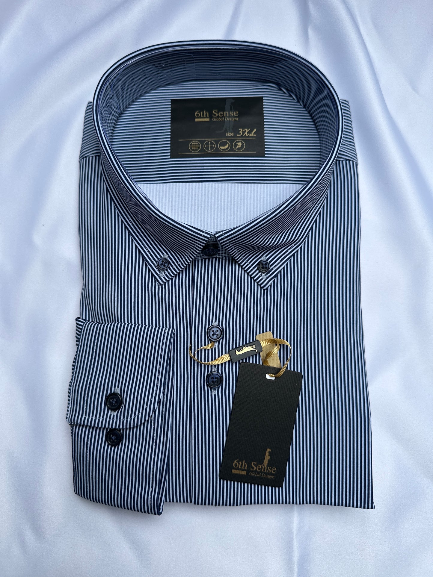 Blue striped 6th Sense Design shirt, fabric close-up — Ryle Menswear, Tralee