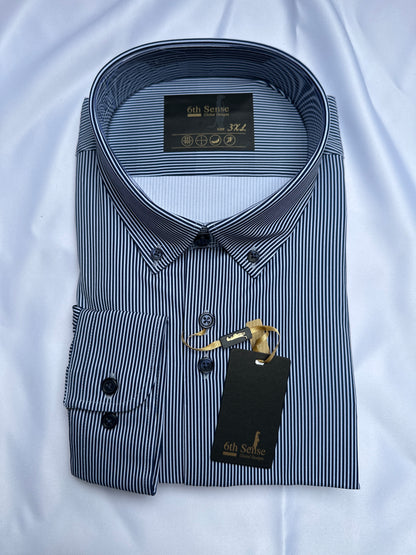 Blue striped 6th Sense Design shirt, fabric close-up — Ryle Menswear, Tralee
