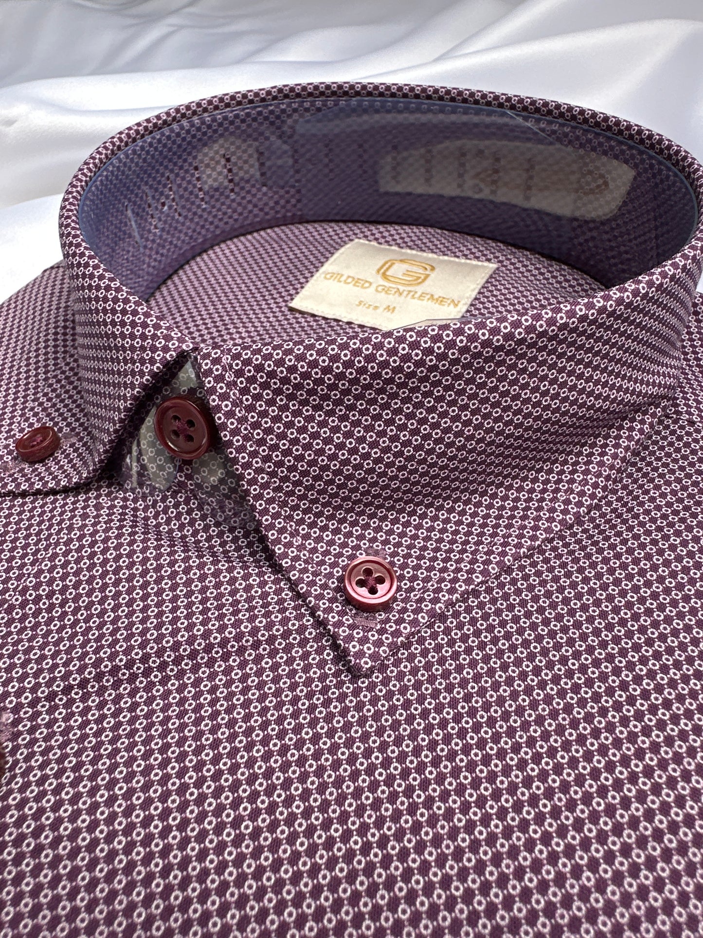 Purple dot-print shirt, close-up of the dot print — Ryle Menswear, Tralee