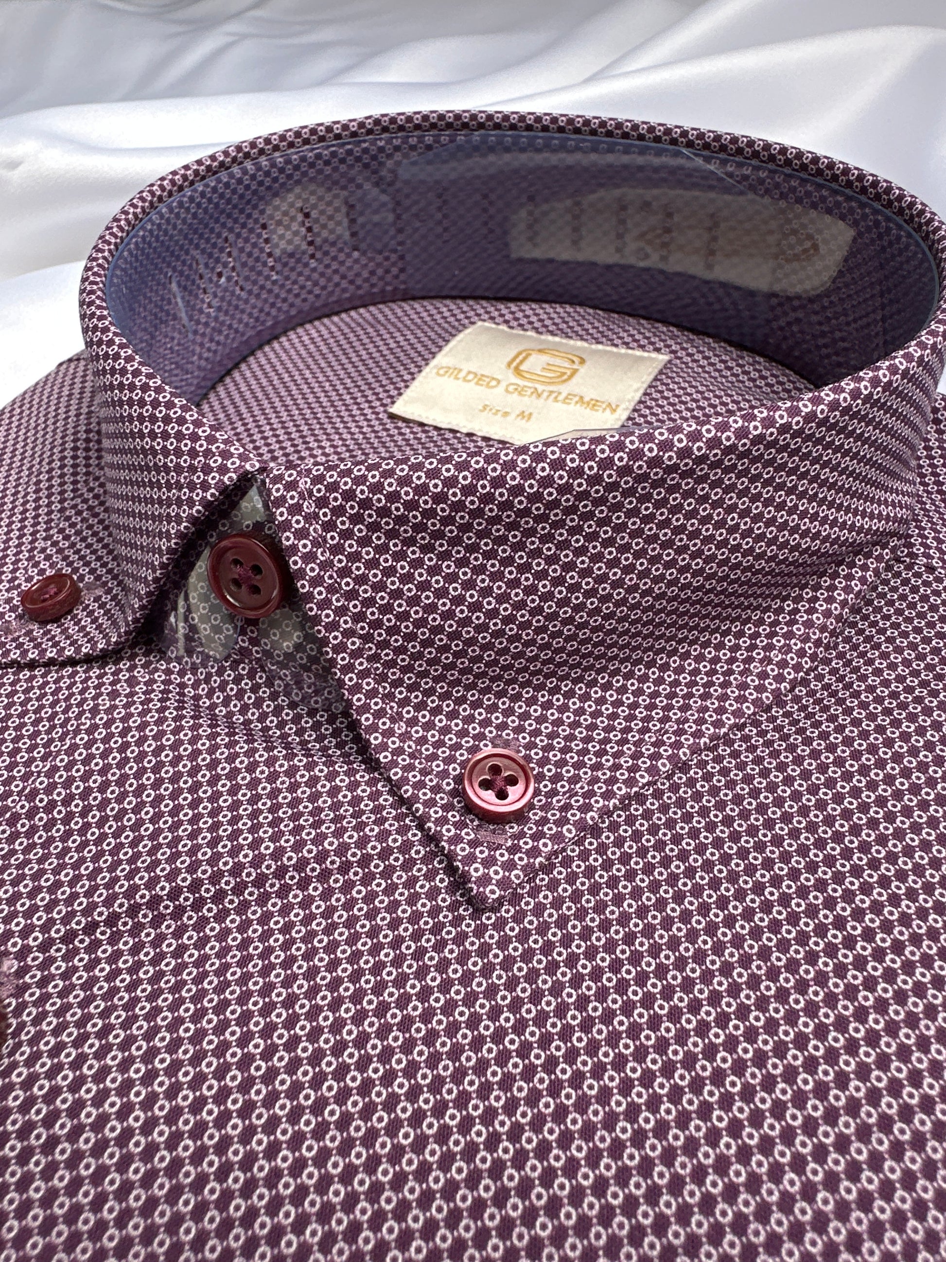 Purple dot-print shirt, close-up of the dot print — Ryle Menswear, Tralee
