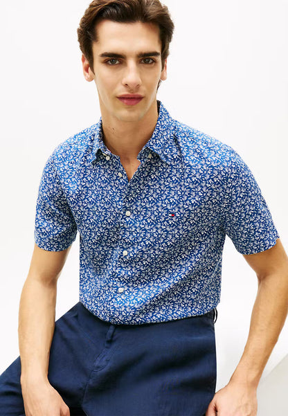 Tommy Hilfiger Regular Fit Linen Tropical Print Short Sleeve Shirt 1776249867_3348_019212_BLUEWHITE