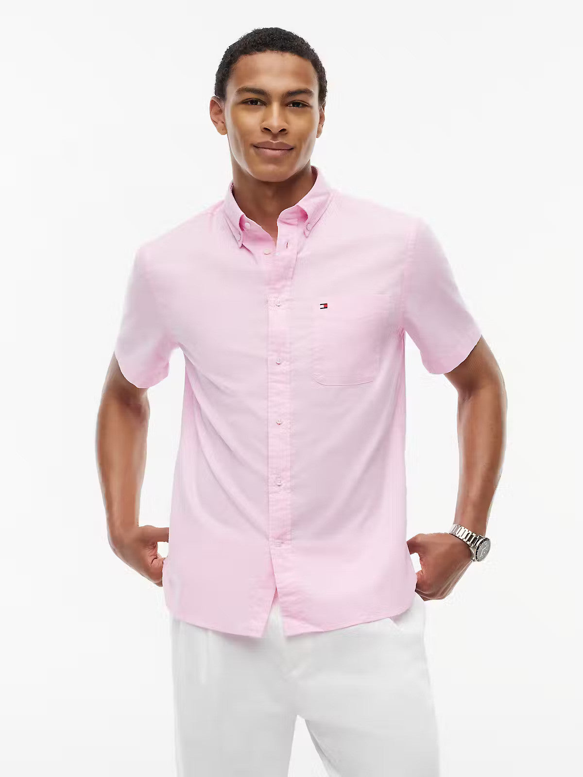 Tommy Hilfiger Light Oxford Solid Button Down Short Sleeve Shirt S 1776340876_2187_019206_ROSE