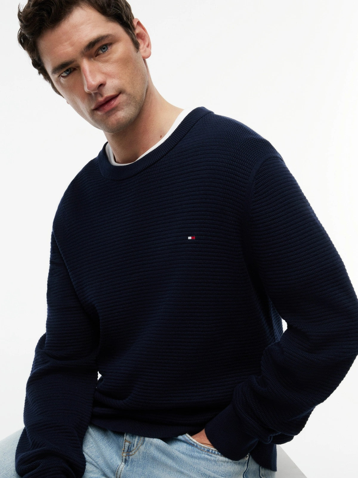 Tommy Hilfiger Structured Yarn Dyed Crew Neck Jumper - Desert Sky-DESERT SKY XXL 1778492742_7014_019082_DESERT_SKY