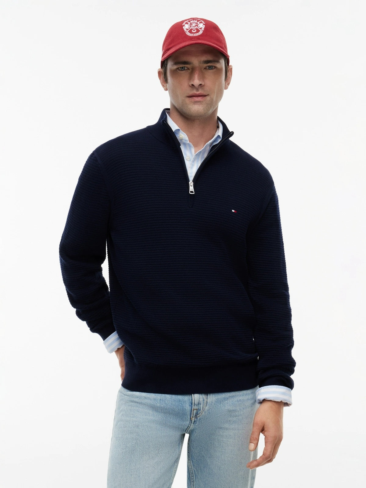 Tommy Hilfiger Textured Quarter-Zip Mock Neck Jumper - Desert Sky-DESERT SKY S 1778493391_2163_019080_DESERT_SKY