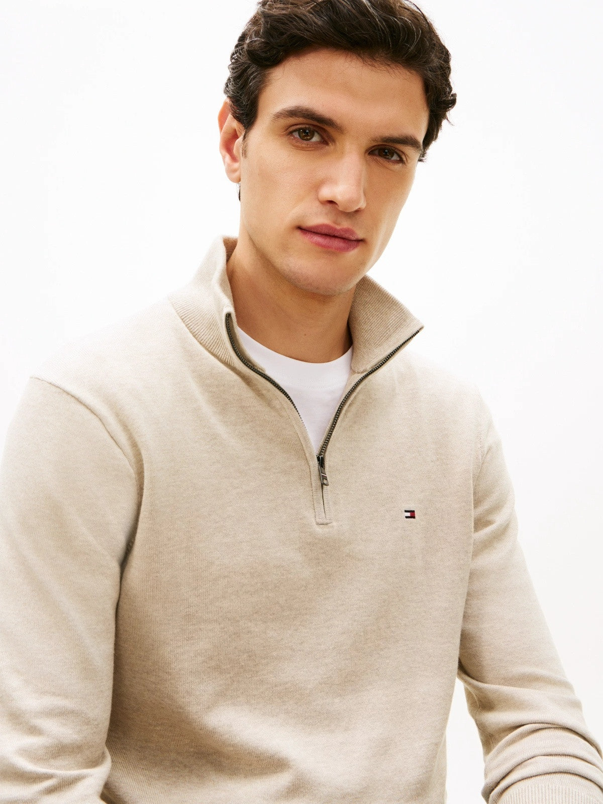Tommy Hilfiger Flag Embroidery Quarter-Zip Jumper - Deep Crimson-SAND 1778493829_276_019078_SAND