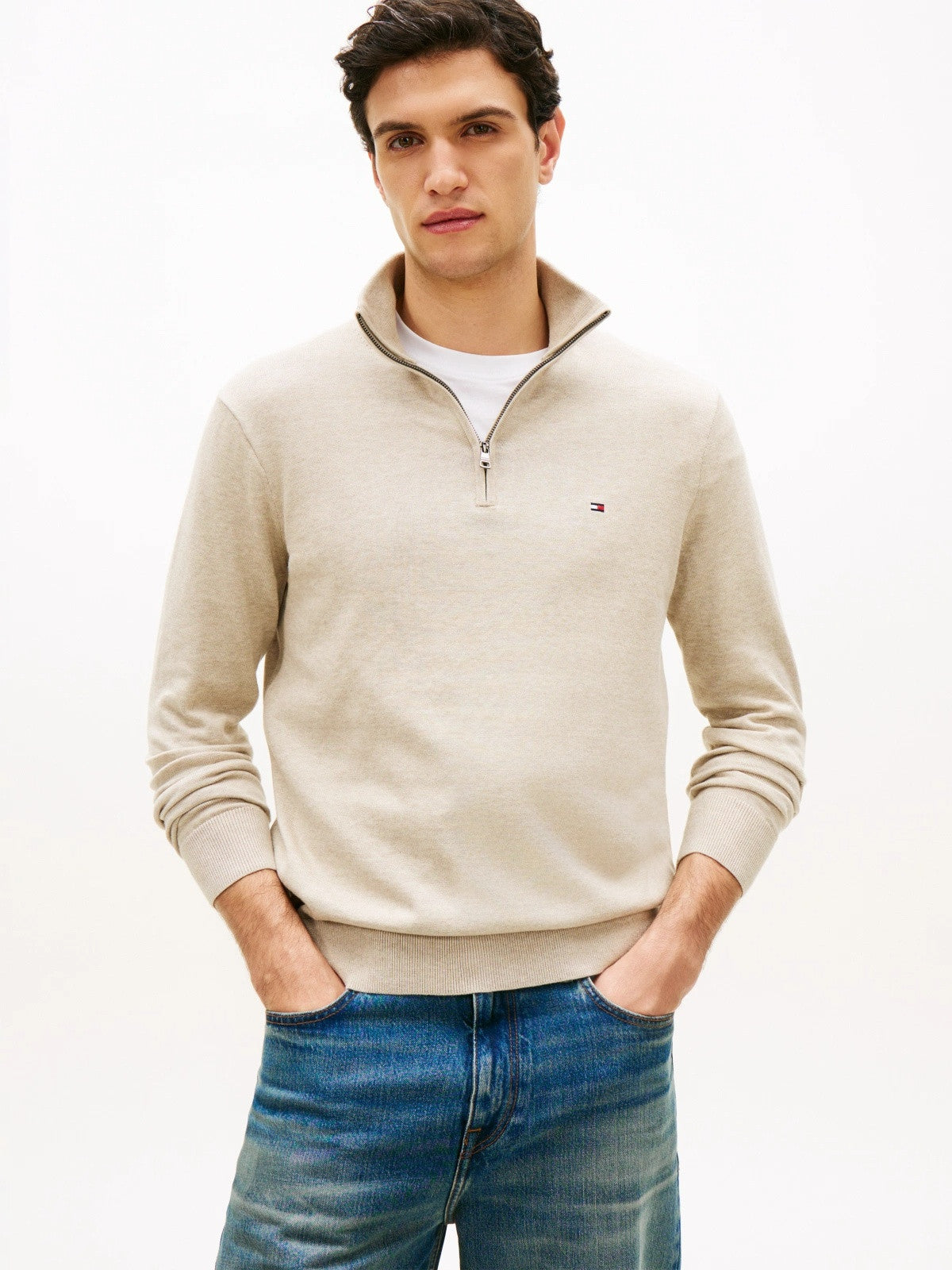 Tommy Hilfiger Flag Embroidery Quarter-Zip Jumper - Deep Crimson-SAND 1778493840_4109_019078_SAND_alternate