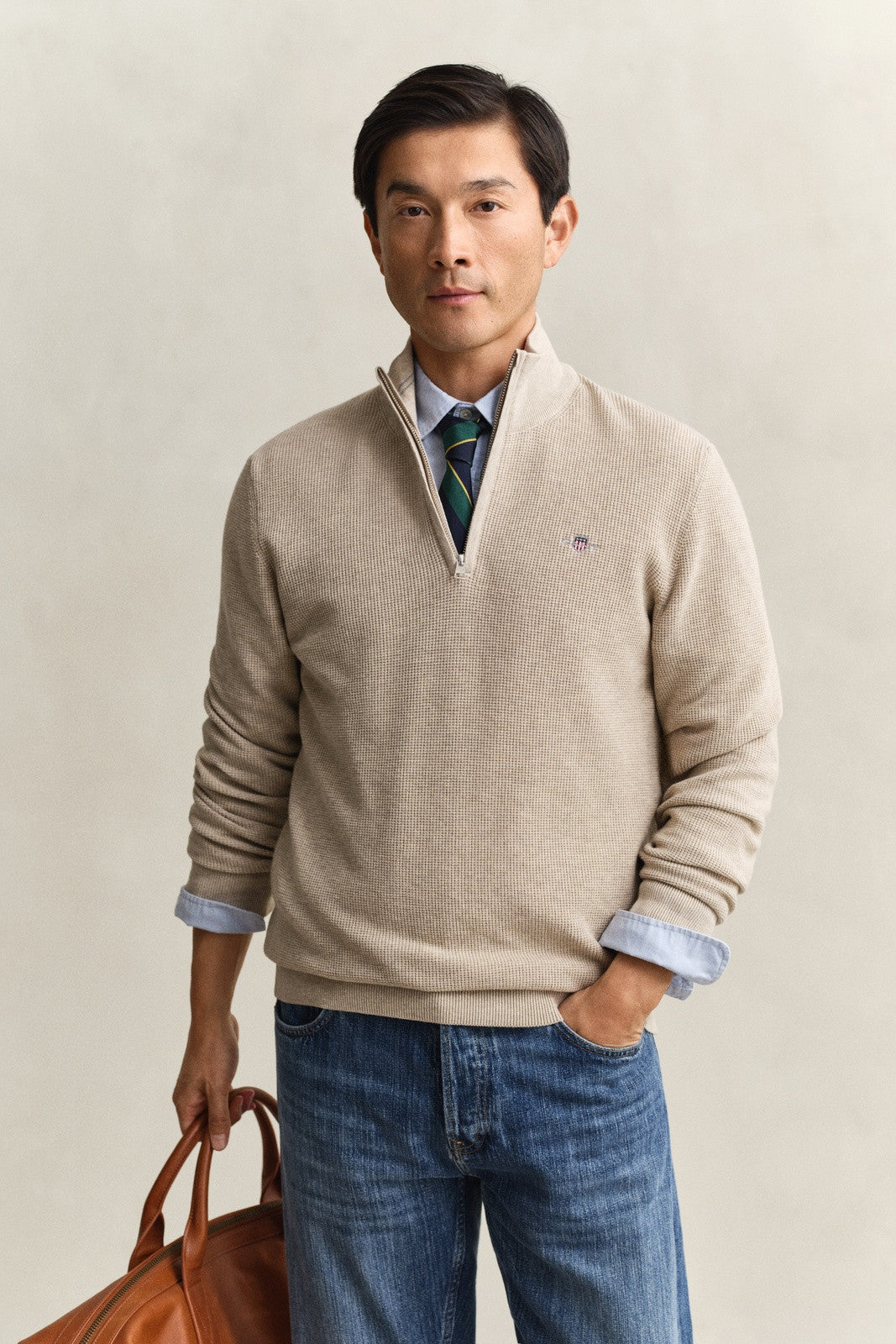GANT Textured Cotton Half-Zip Sweater - Oat Melange-OAT MELANGE 1778831898_3358_018872_OAT_MELANGE