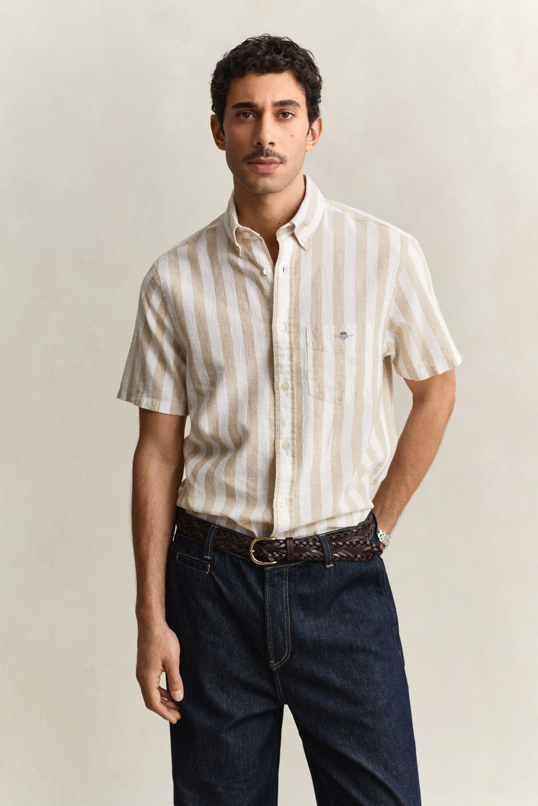 GANT Striped Linen Blend Short Sleeve Shirt - Oat Beige 1778832907_879_018878_BEIGE