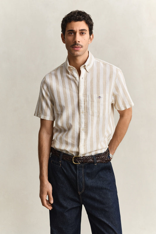 GANT Striped Linen Blend Short Sleeve Shirt - Oat Beige 1778832907_879_018878_BEIGE
