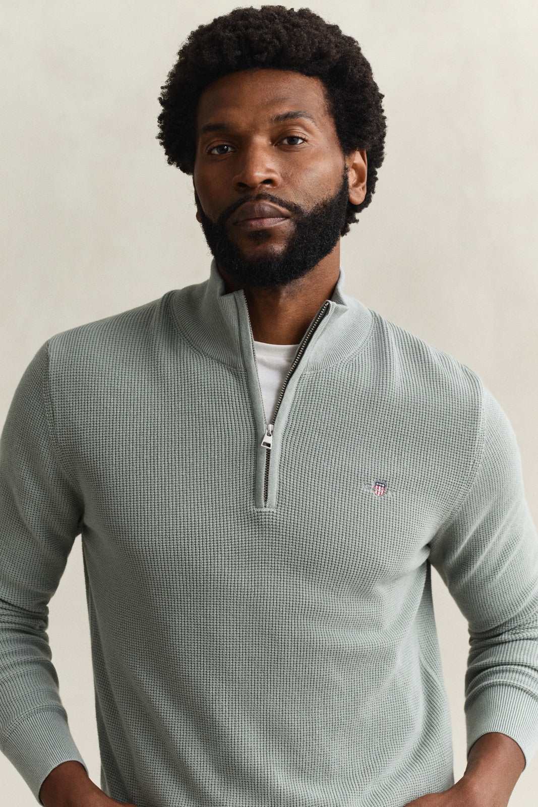GANT Textured Organic Cotton Half-Zip Sweater - Ceramic Grey 1778834538_0561_018885_GREEN