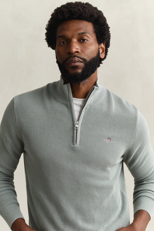 GANT Textured Organic Cotton Half-Zip Sweater - Ceramic Grey-GREEN 1778834538_0561_018885_GREEN