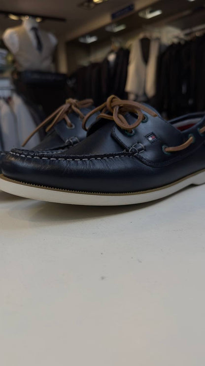 Tommy Hilfiger classic leather driving moccasins in Desert Sky navy at Ryle Menswear, Tralee