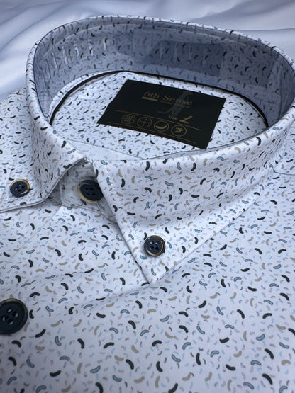 White micro-print shirt, close-up of the motif — Ryle Menswear, Tralee