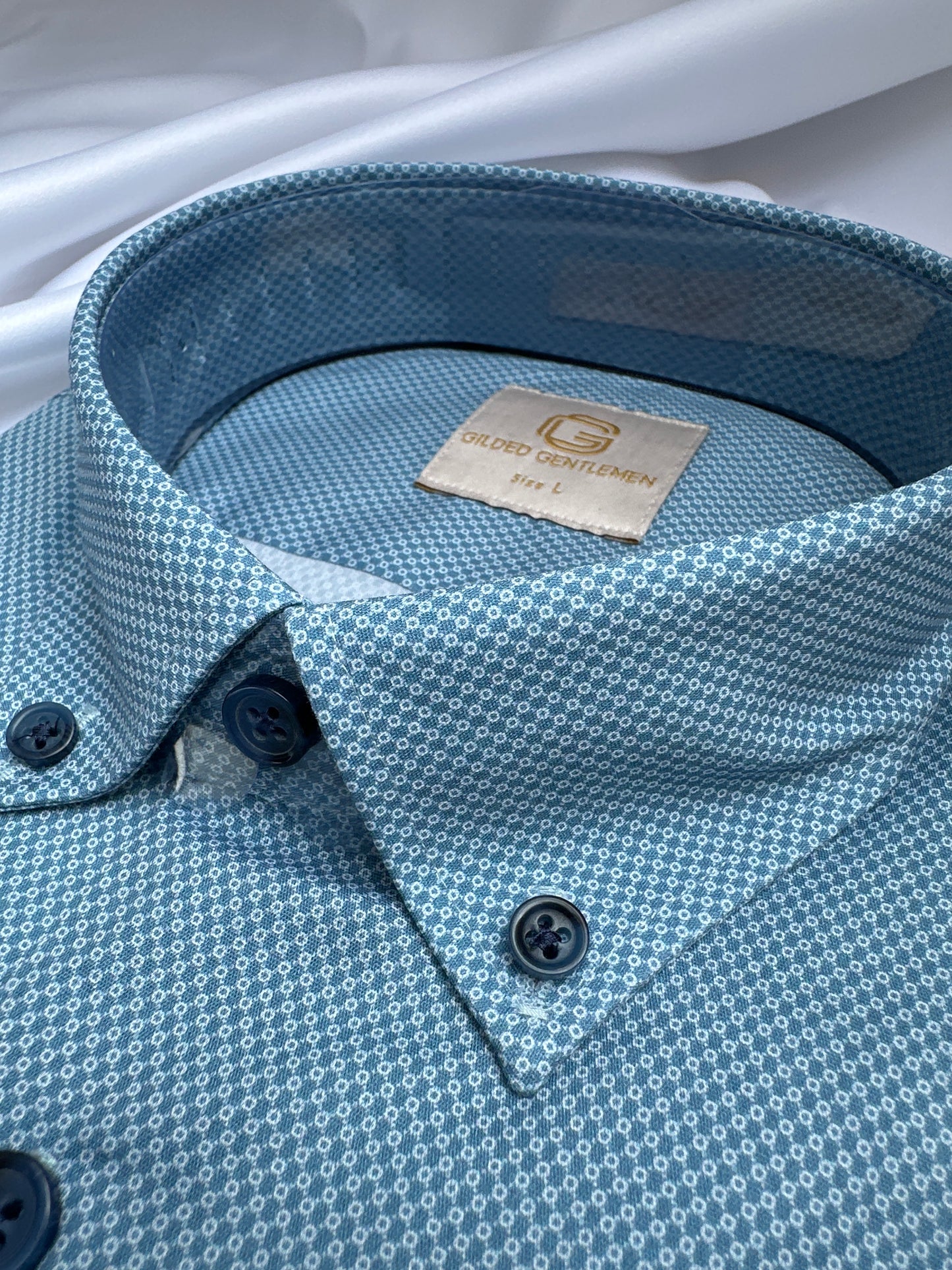 Blue 6th Sense Design button-down shirt, fabric close-up — Ryle Menswear, Tralee