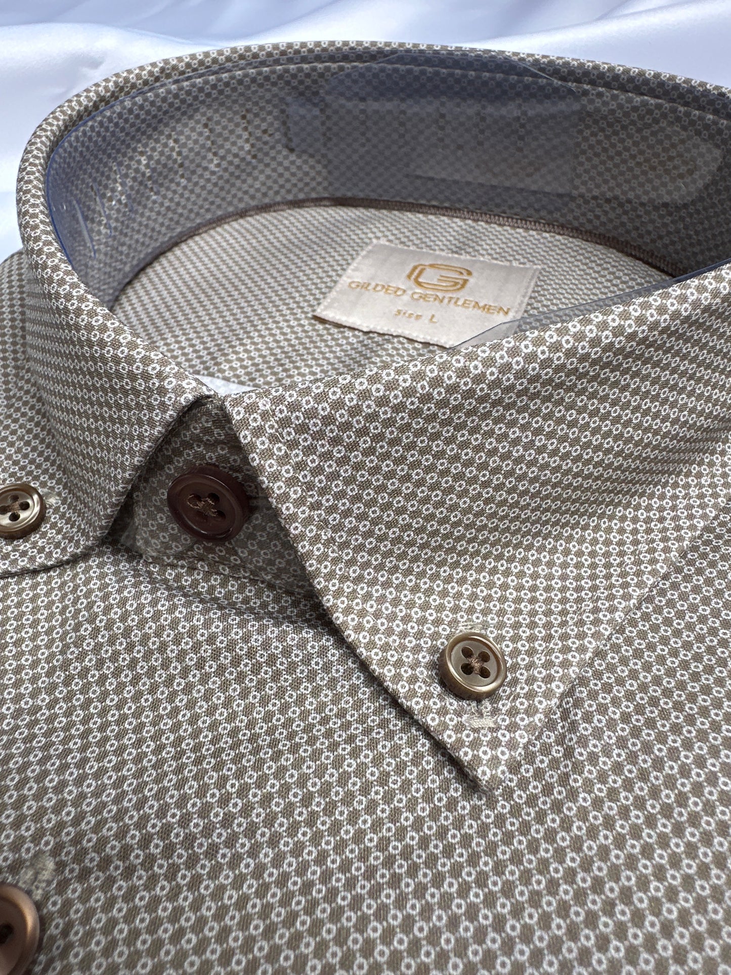 Beige 6th Sense Design button-down shirt, fabric close-up — Ryle Menswear, Tralee