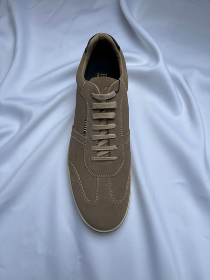 Brent Pope Evenmore suede trainer in beige, top view — Ryle Menswear, Tralee