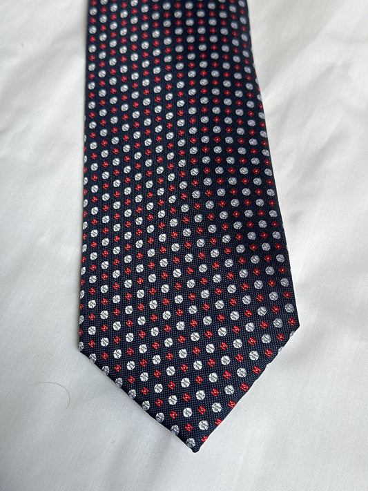 Navy tie with white dots and red squares, with matching pocket square — Ryle Menswear, Tralee