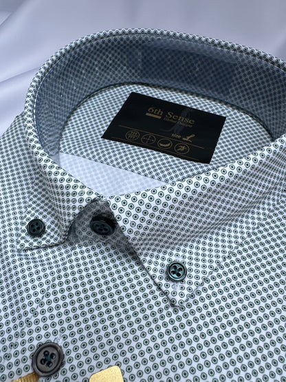 White and blue 6th Sense Design performance shirt, fabric close-up — Ryle Menswear, Tralee