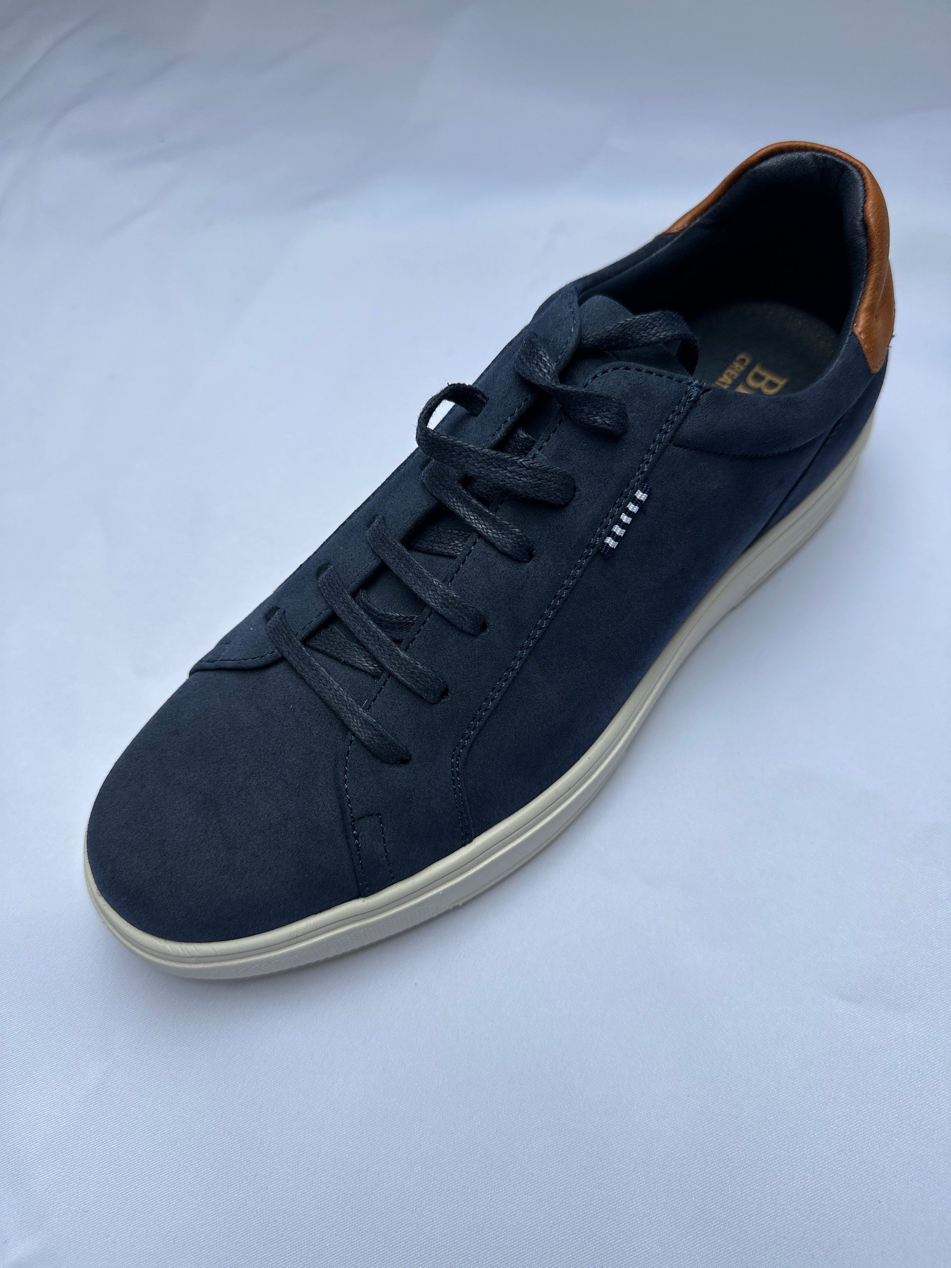 Brent Pope Ashhurst suede trainer in French Blue with tan heel — Ryle Menswear, Tralee