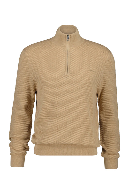 Gant Textured Cotton Merino Half Zip Sweater - Khaki 8050263296