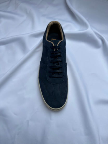 Brent Pope Evenmore suede trainer in French Blue, top view — Ryle Menswear, Tralee