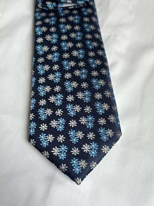 Navy tie with blue and white flowers, with matching pocket square — Ryle Menswear, Tralee