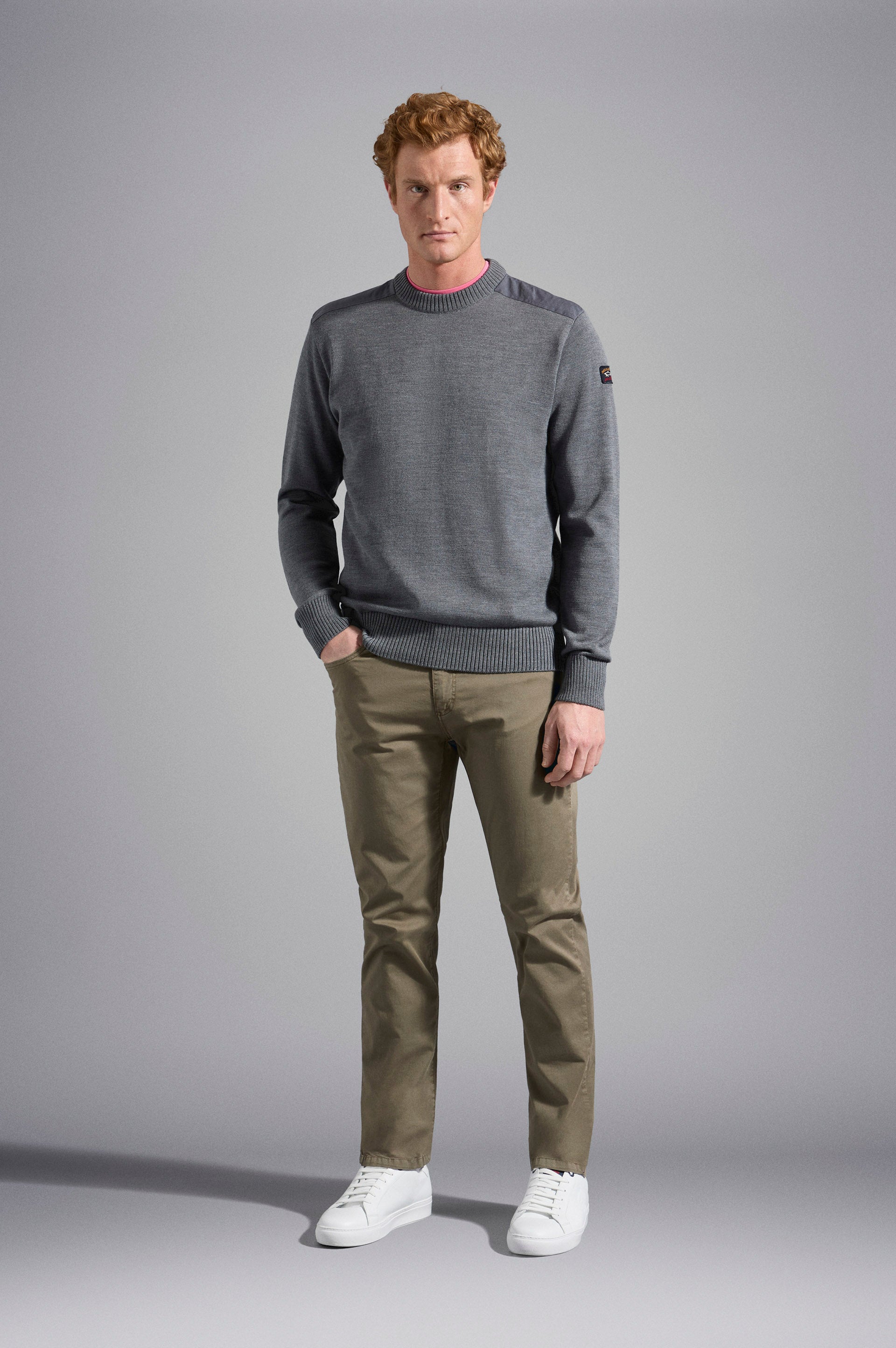 Paul & Shark Crew-neck Wool Sweater with Iconic Badge C0P1030 - Dark Grey C0P1030-664-lf-v