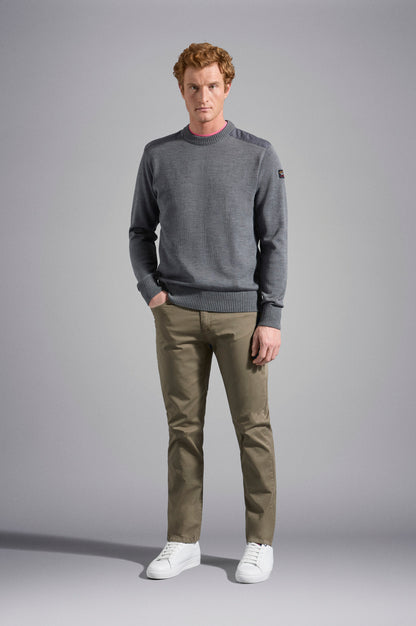 Paul & Shark Crew-neck Wool Sweater with Iconic Badge C0P1030 - Dark Grey C0P1030-664-lf-v