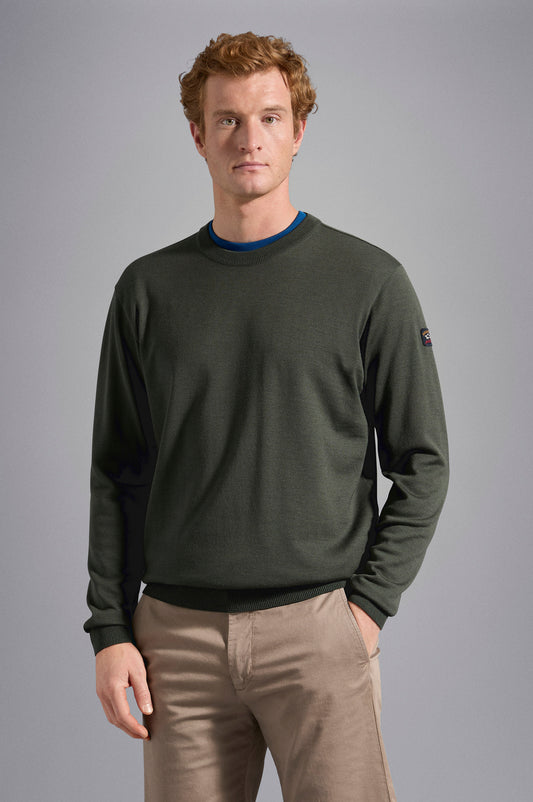 Paul & Shark Merino Wool Crew Neck with Iconic Badge C0p1040 - Dark Green C0P1040-044-af-v